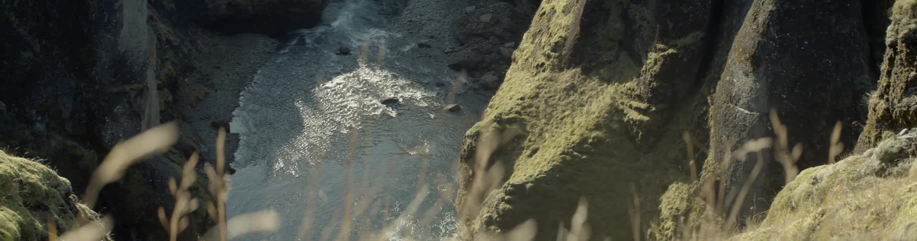 Birds fly above a flowing stream in a canyon