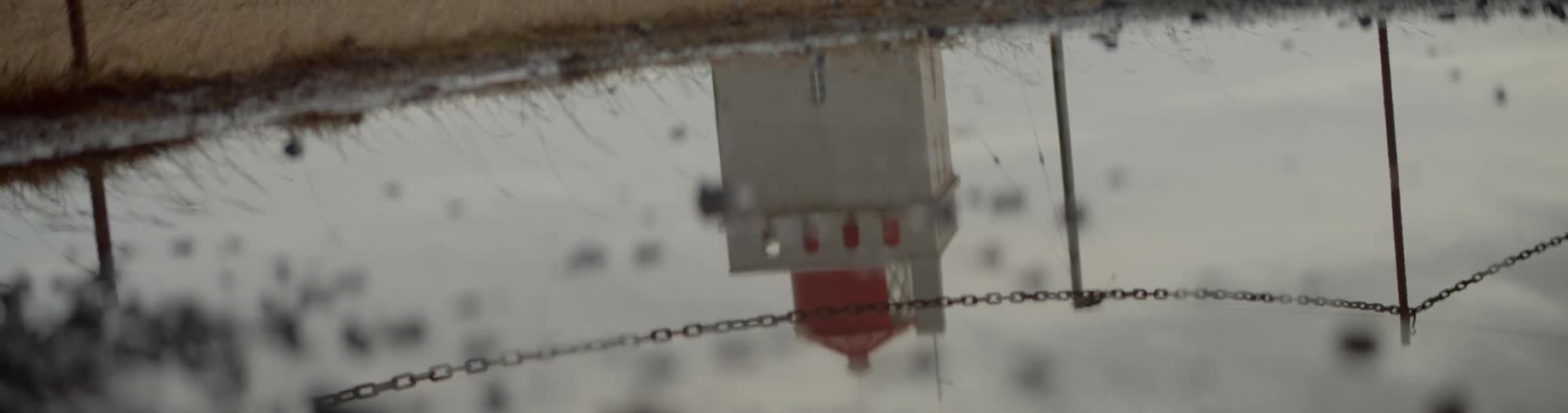 A reflection of a building in a puddle