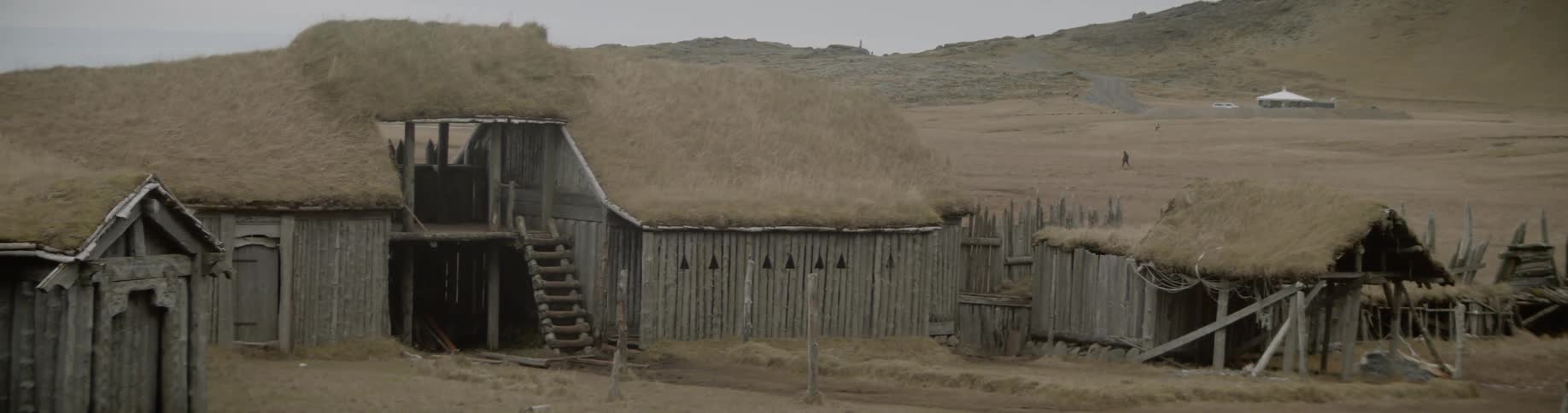 Thatched roofed building stand near fields with a mountain on the horizon