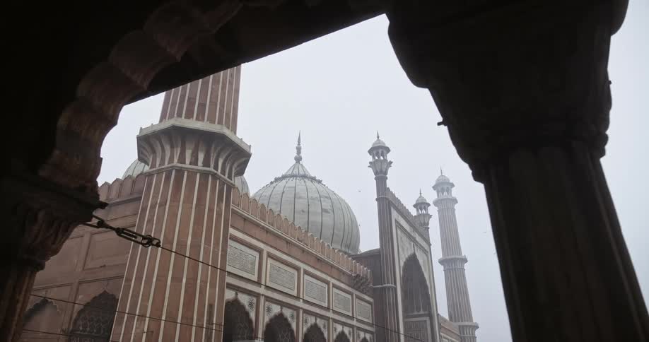 Birds fly above the jama masjid of delhi mosque in india