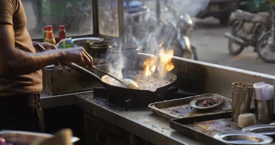A man cooking street food with motorcycles in the background
