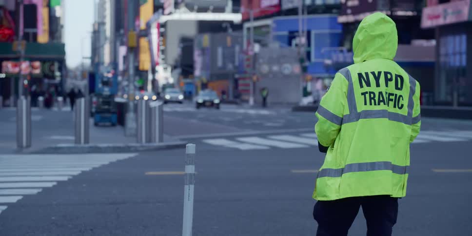 A traffic cop wearing a yellow jacket stands at an intersection facing oncoming traffic