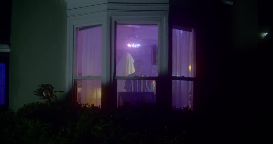 A person stands at a window with a ghost behind them