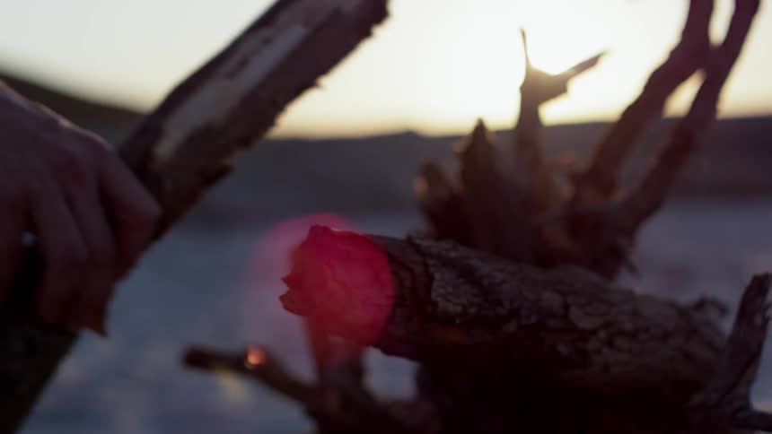 Close shot of someone adding wood to a campfire
