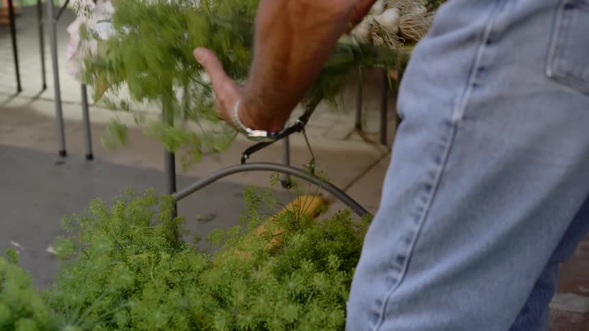 Man arranges herbs on public market table