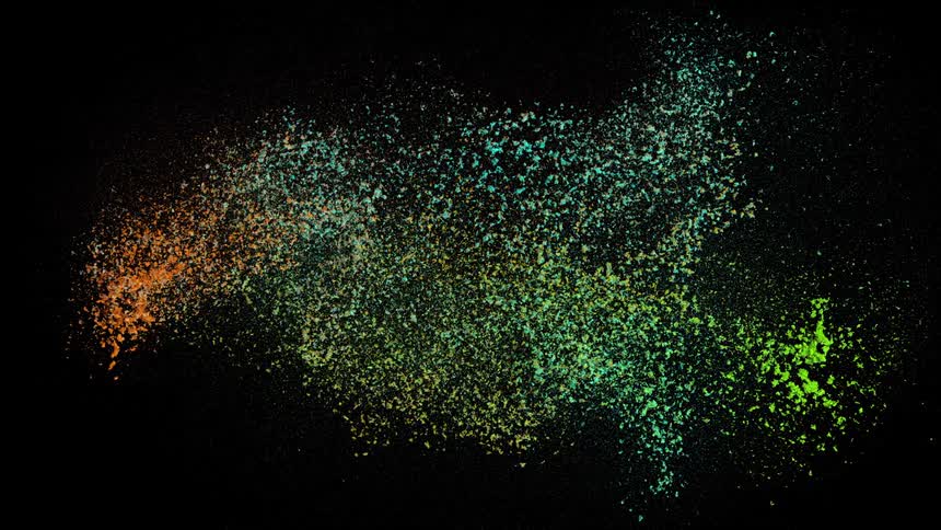 Three clusters of colored beads collides and explodes outward