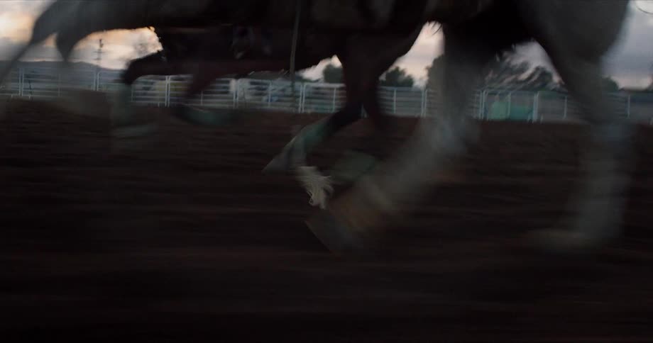 Two saddled horses being ridden race each other along