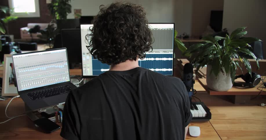 A man with curly hair bobs his head to music as he sits at his computer
