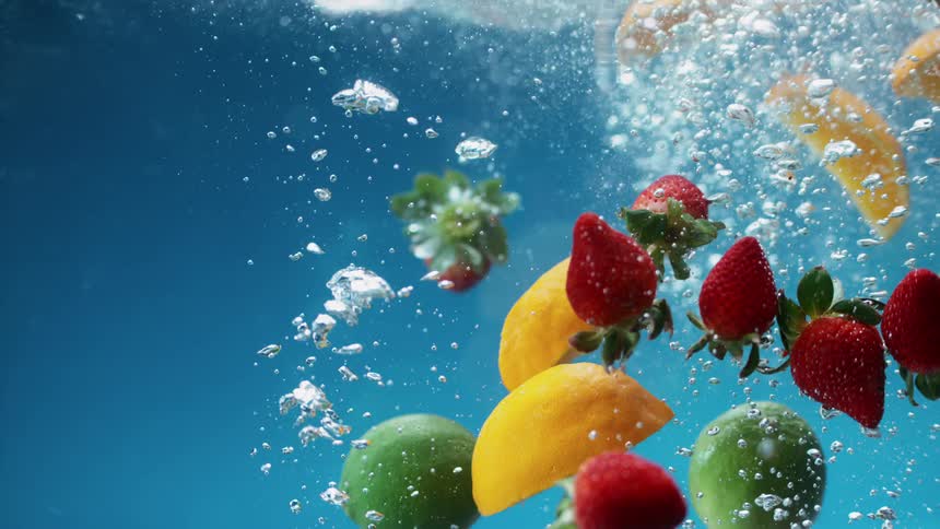 Fruit splashes in the water