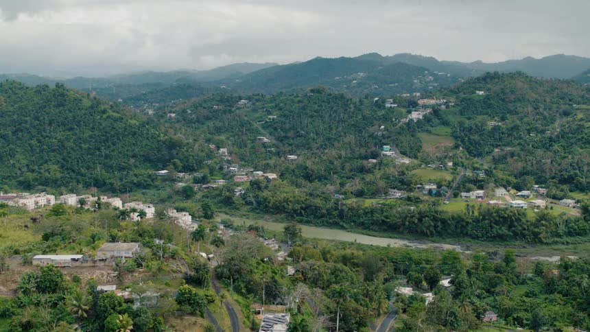Buildings nestle in forest on both sides of a river near mountains