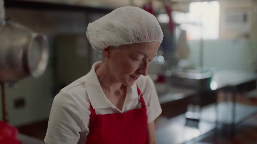 An older white lady wearing an apron and hairnet prepares food in a large commercial kitchen