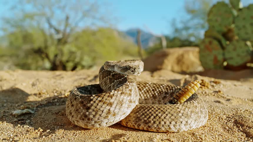 Rattlesnake rattling tail in slow motion in desert habitat