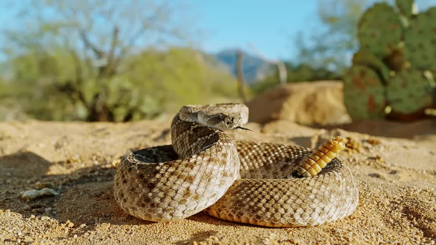 A rattlesnake in the desert with cactus in the background
