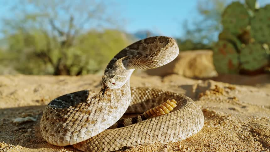 A coiled up snake rattles its tail in warm desert