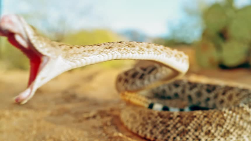 A coiled snake lunging for a bite in slow motion