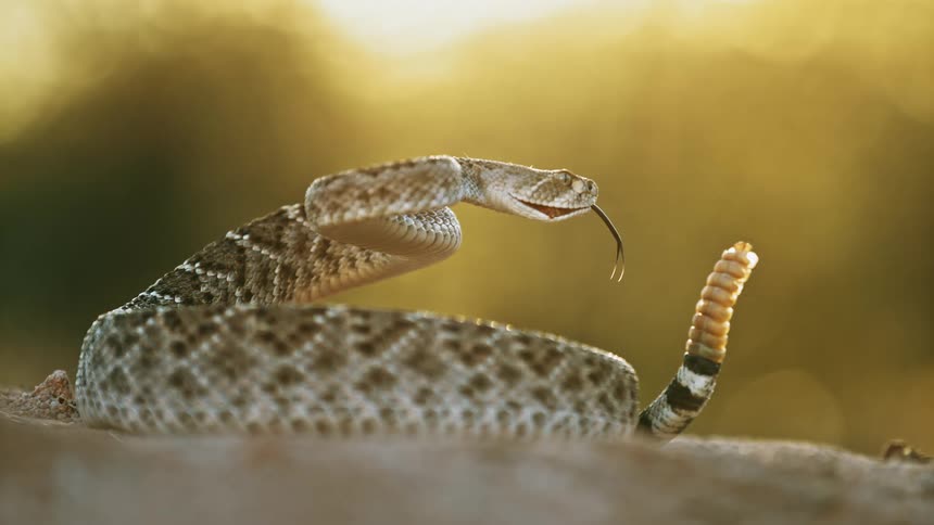 A snake rattles its tail and sticks its tongue out