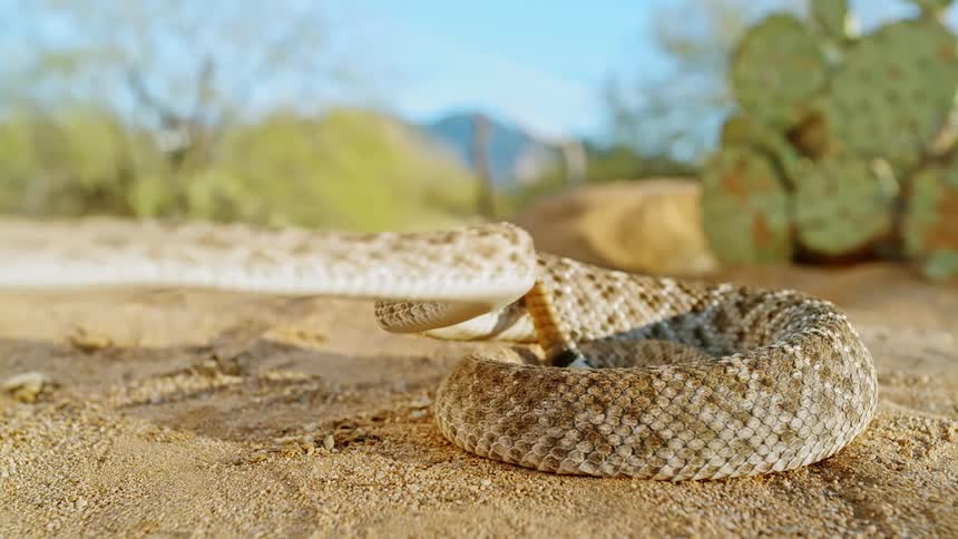 A coiled up snake opens its mouth and strikes