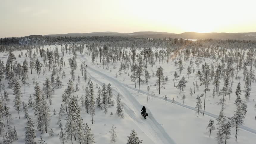 A person on a bicycle struggles to ride along a path carved into the snow in a sparse forested area during winter