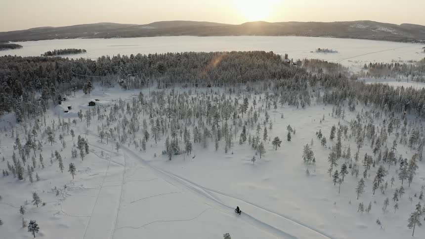 A person rides their bicycle around the winter forest