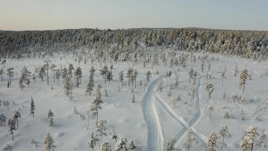 A person rides a bike on a snow covered trail through the trees