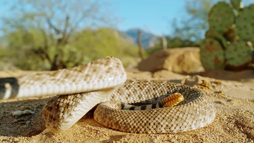 A rattle snake coiled on the ground in a desert area opens its mouth and strikes at something out of the frame