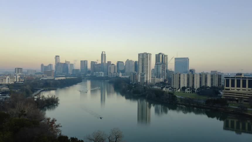 People travel in the water and roads of the large city
