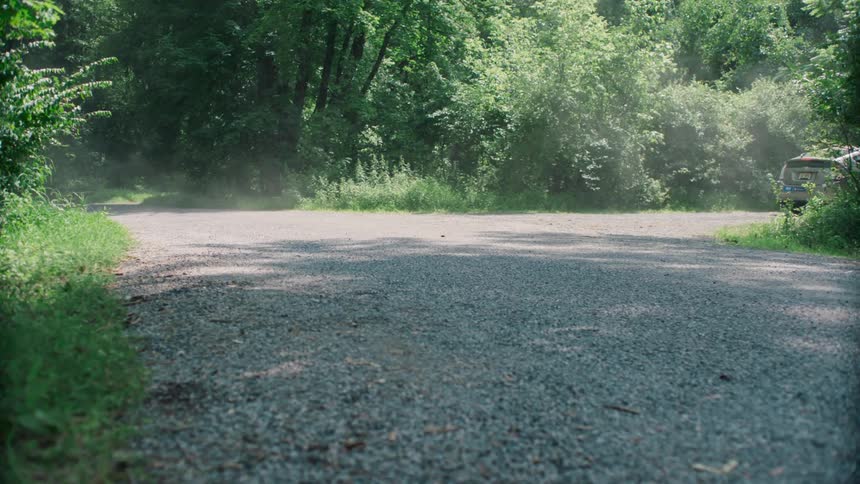 A car travels on a rural road lined with trees and brush on a sunny day