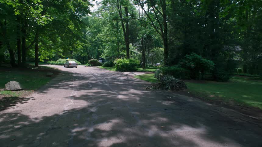 A vehicle drives down a rural road following another vehicle then stops as the first one turns into a driveway