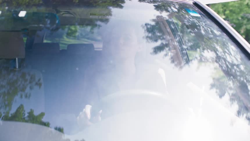 Tree branches and leaves are reflected on the windshield of a moving car driven by a woman