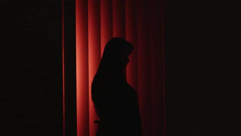 A silhouette of a woman standing against a red backdrop