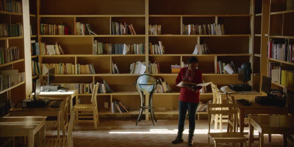 A woman is standing in a library reading a book