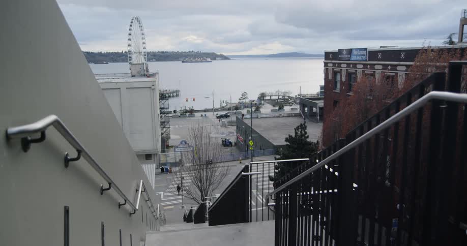 A view of a ferris wheel on a pier as seen from the top of a staircase