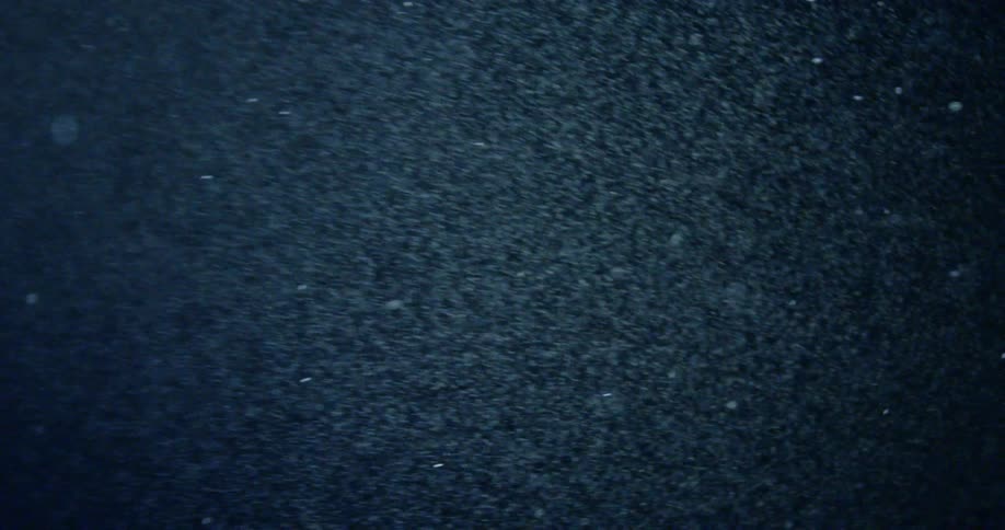 Snow falling in the dark against black sky