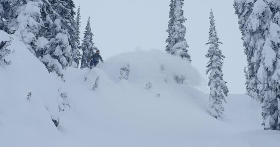 A man skis down a powder slope as snow falls