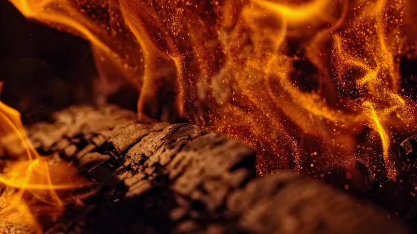 Flames rise from logs of wood