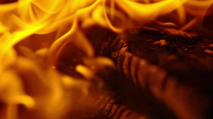 Flames rise from burning logs