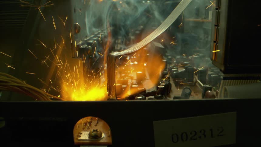 Fire and sparks rise from the burning circuit board