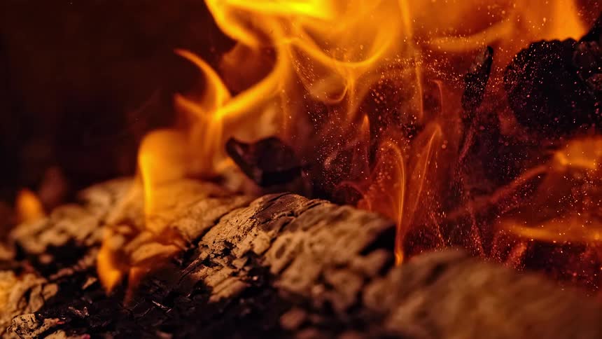 Fire burns a piece of wood