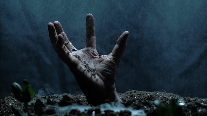 A hand sticks up from the dirt on the ground