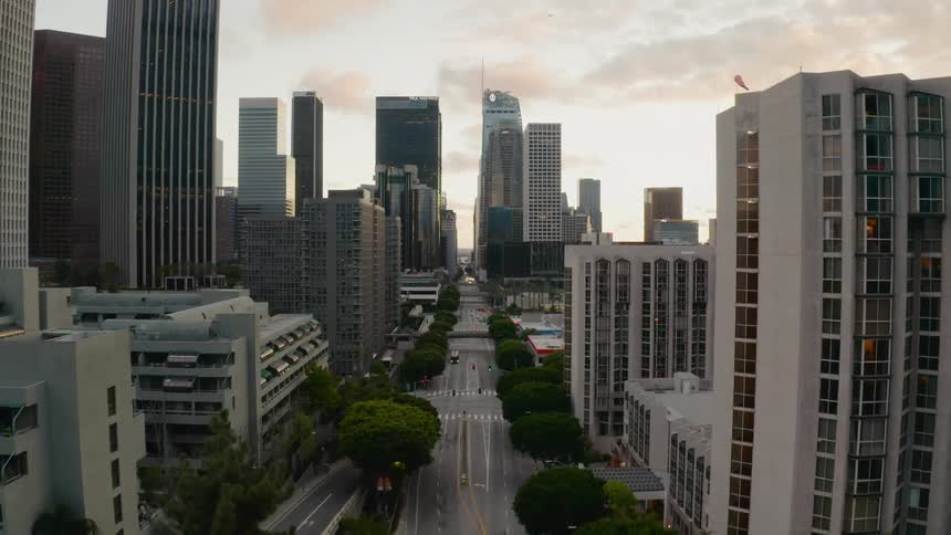 Aerial shot of a city at dusk
