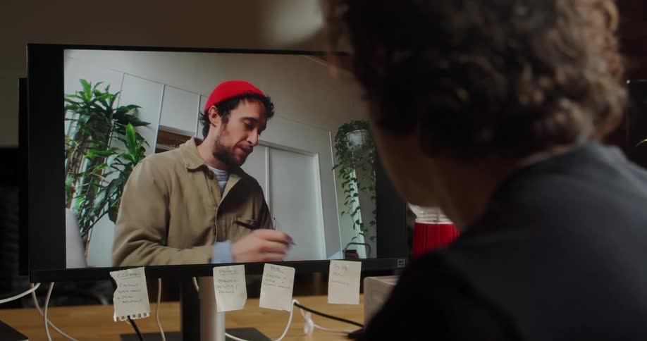 Man works on tablet while video conferencing at computer at desk in office