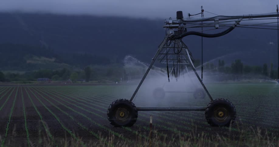 A large piece of machinery waters crops