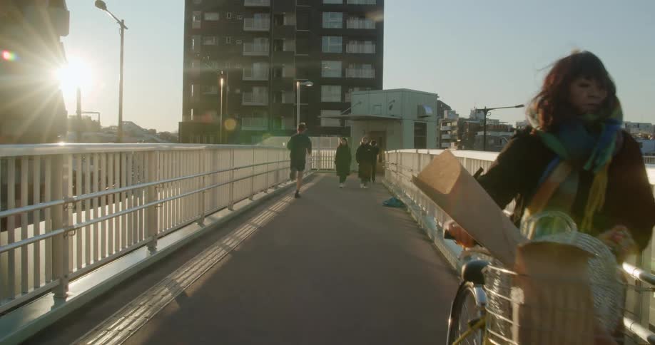 Pedestrians crossing footbridge on city at sunrise