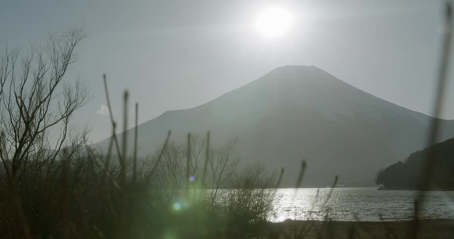A lake in front of a volcano