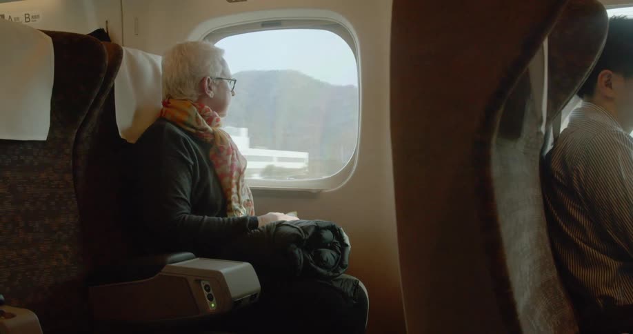 A woman sitting on a train looking out the window