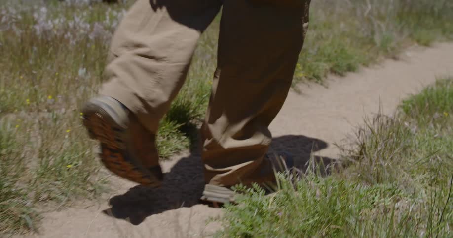 A person walking on a dirt path with grass on both sides