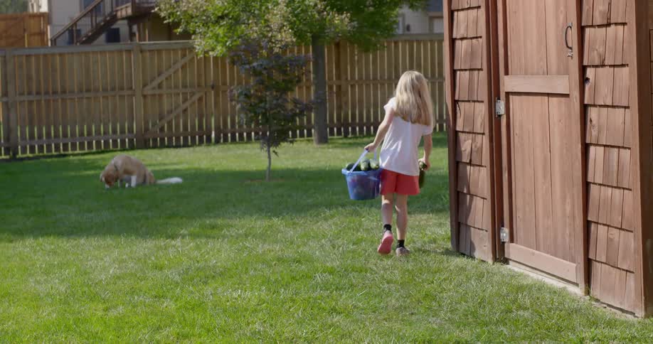 Blonde little girl carries a bucket of vegetables in the garden