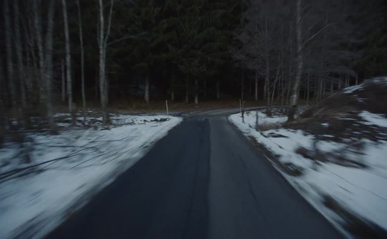 A winding road between a woodland and a field covered in snow