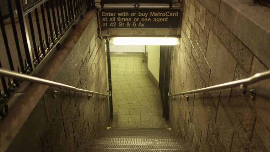 View of the subway entrance at night