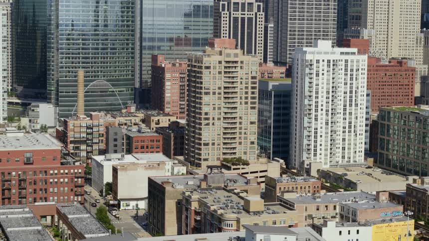 Low rise buildings surround skyscrapers in Chicago